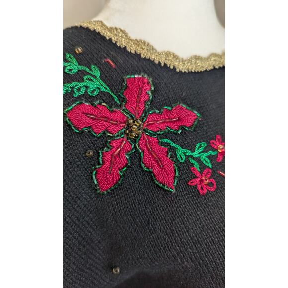 Vintage Studio Joy black beaded holiday christmas Poinsetta sweater size large - Picture 3 of 8